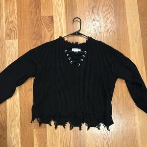 Planet Gold Frayed Black Sweater